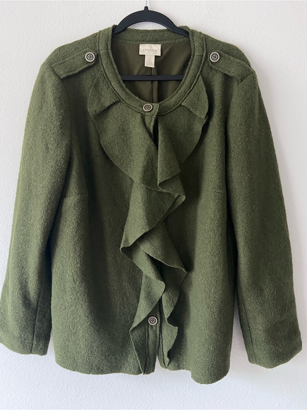 CHICO'S Olive Green Wool Blend Ruffle Jacket Size 3